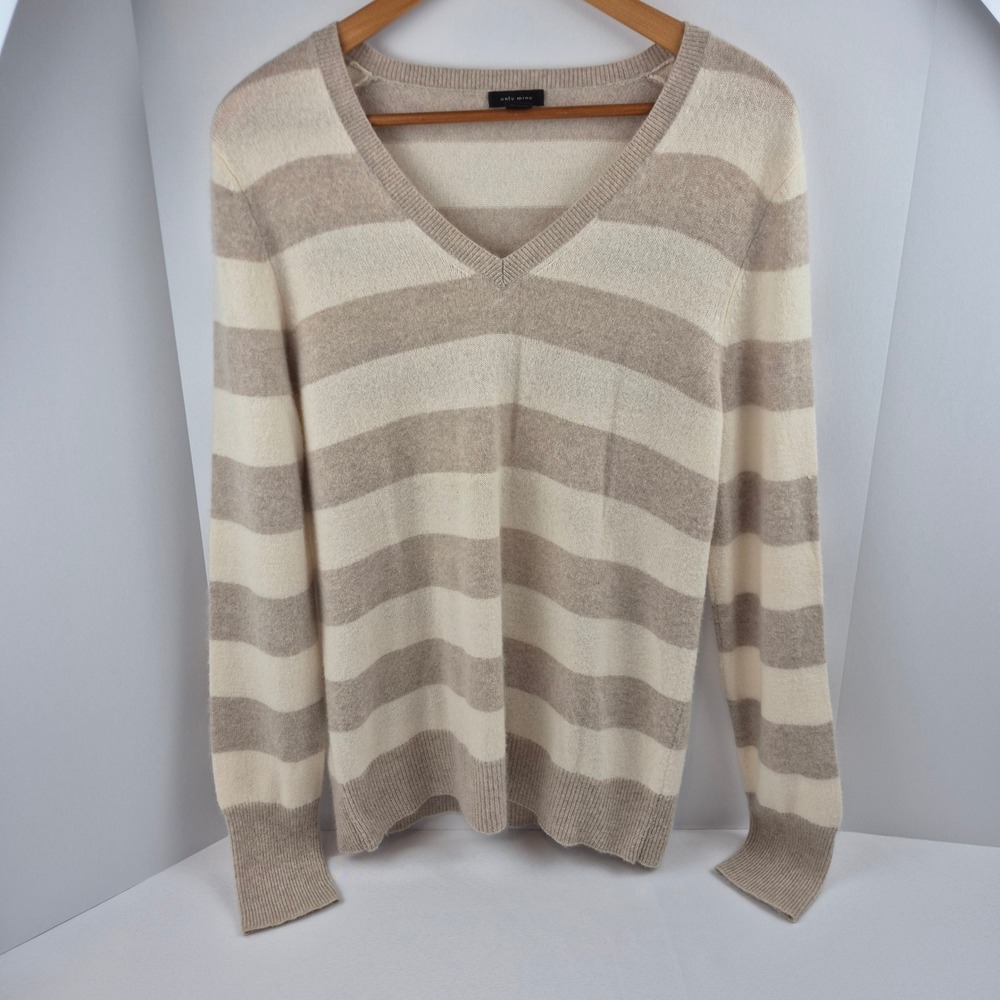 Only Mine 100% Cashmere Striped V Neck‎ Sweater XL Beige Cream Quiet Luxury